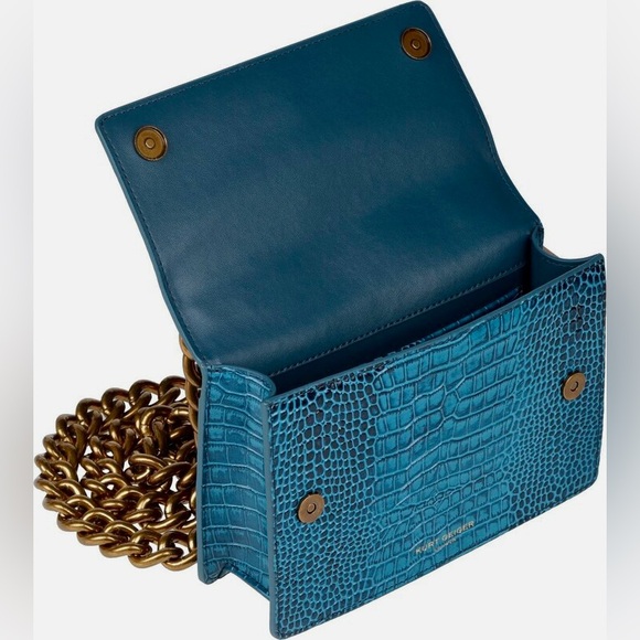 Kurt Geiger Shoreditch Croc Blue Leather Azure Gold Chain Crossbody Small Bag - Picture 4 of 6